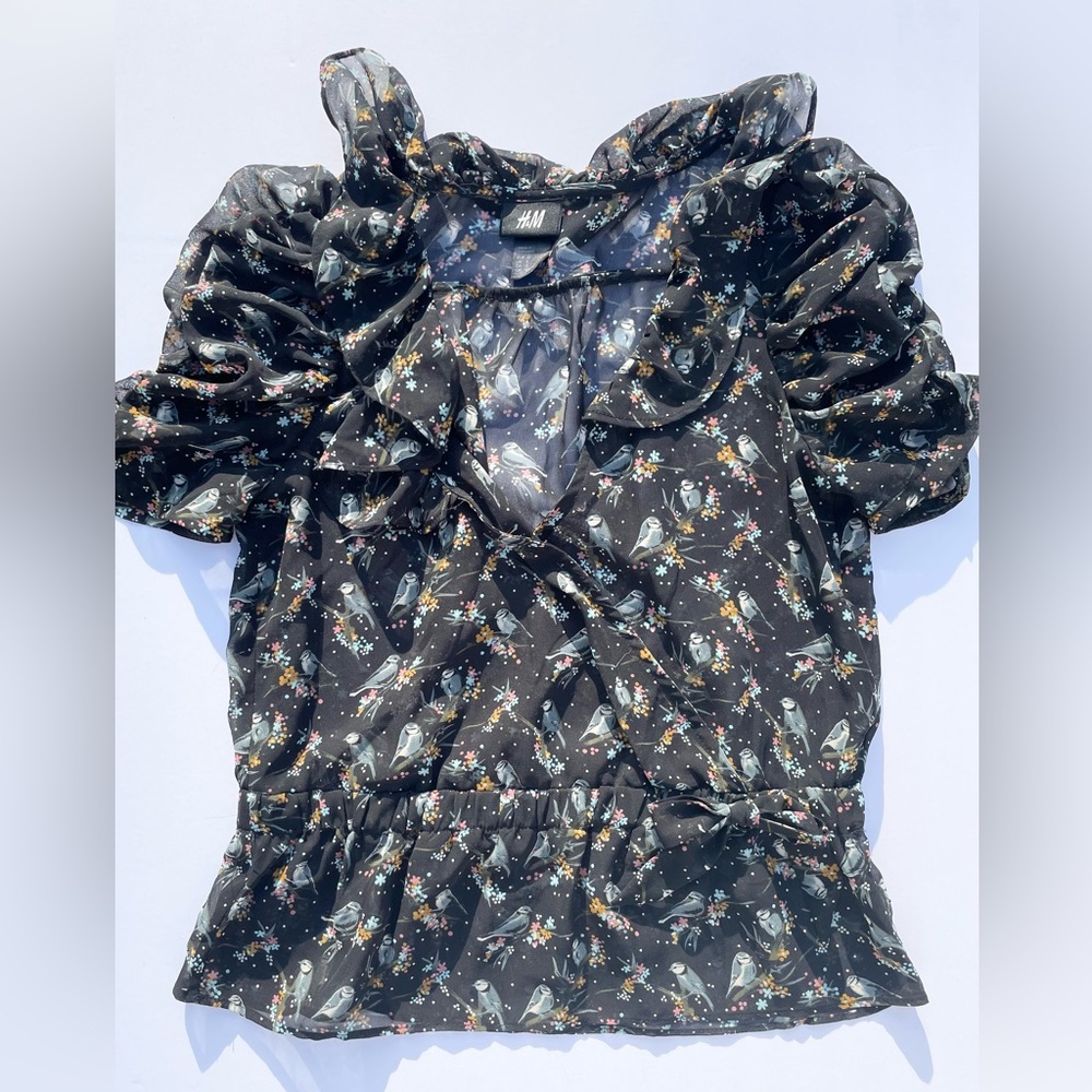 3 for 20 H&M Sheer Black Ruffle Tee Birds‎ & Puffed Sleeves Deep V Neck | Size 2
